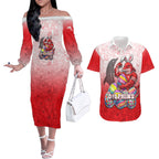 Personalized Dolphins Couples Matching Off The Shoulder Long Sleeve Dress and Hawaiian Shirt Easter Mascot - Colorful Eggs Cartoon Style