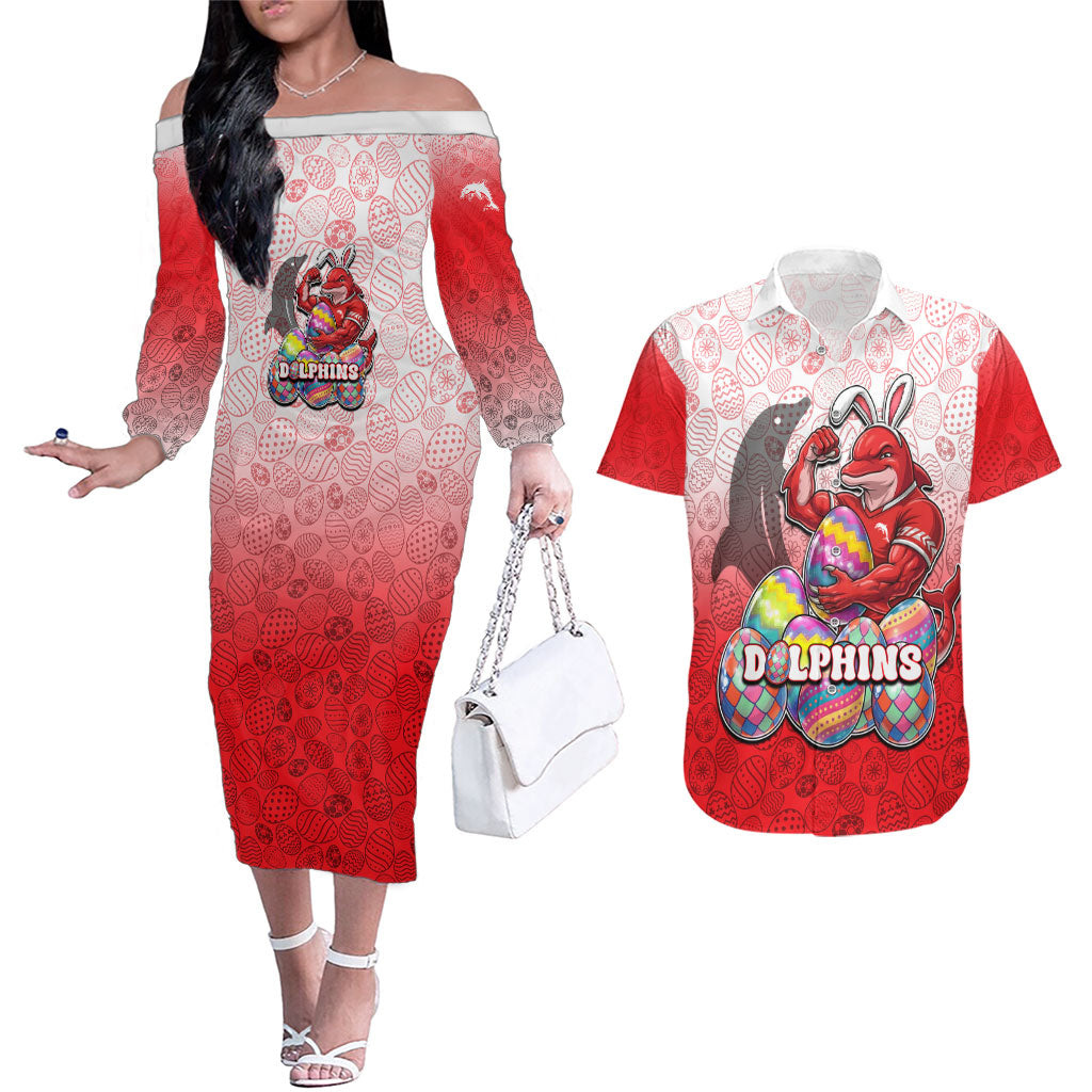 Personalized Dolphins Couples Matching Off The Shoulder Long Sleeve Dress and Hawaiian Shirt Easter Mascot - Colorful Eggs Cartoon Style