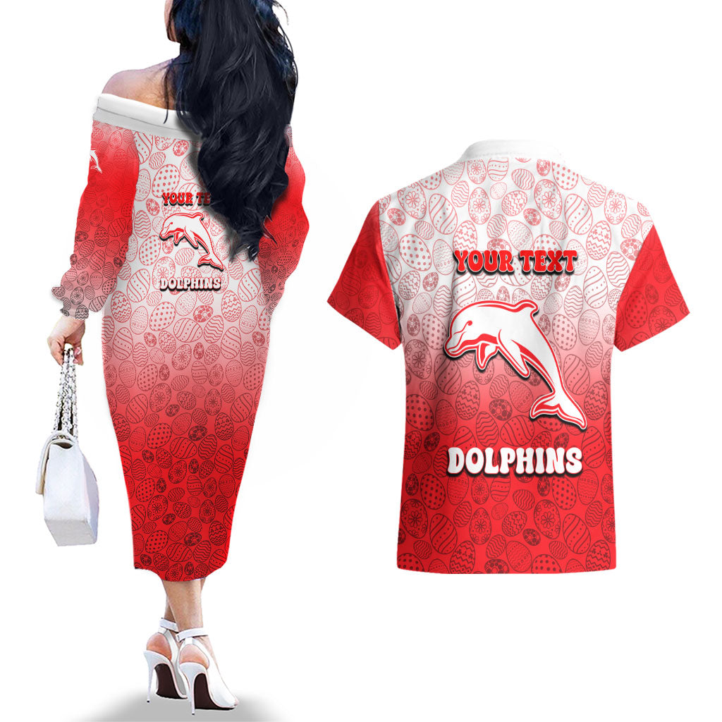 Personalized Dolphins Couples Matching Off The Shoulder Long Sleeve Dress and Hawaiian Shirt Easter Mascot - Colorful Eggs Cartoon Style