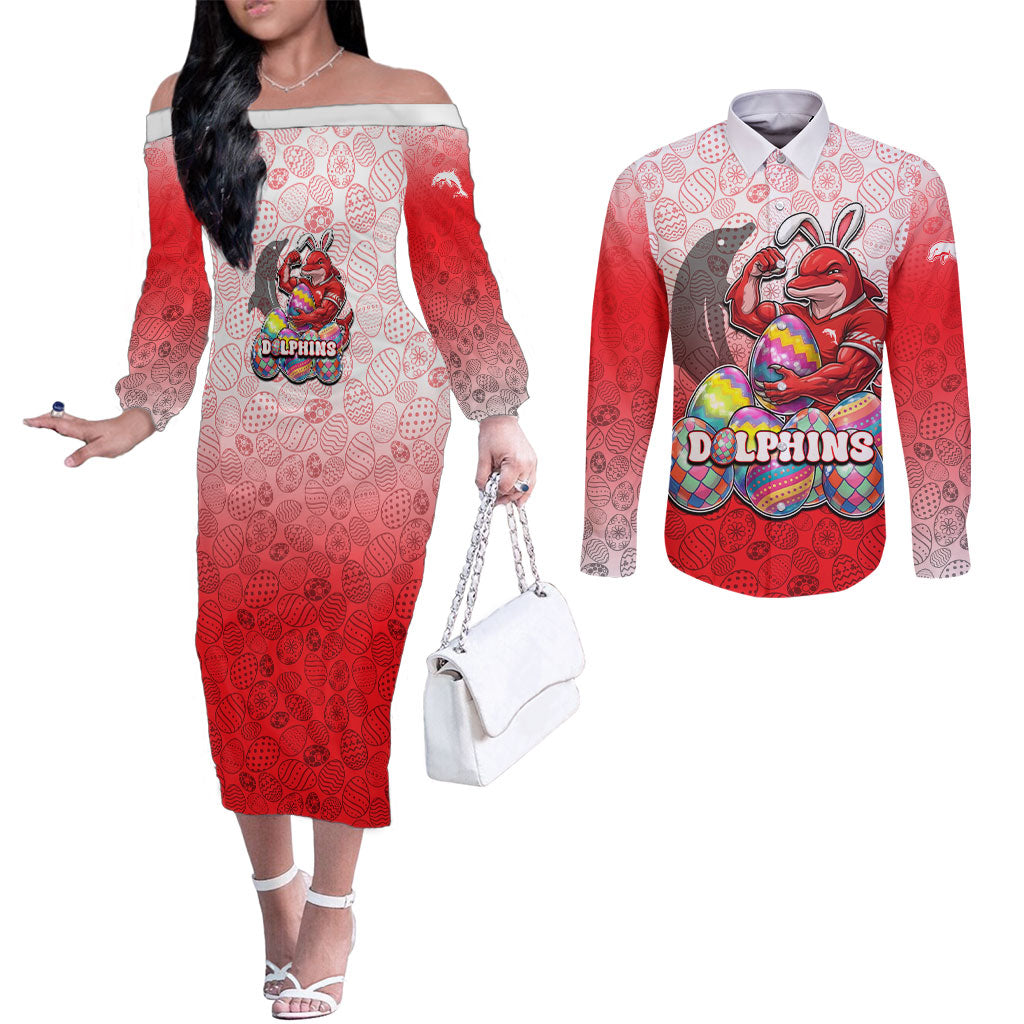 Personalized Dolphins Couples Matching Off The Shoulder Long Sleeve Dress and Long Sleeve Button Shirt Easter Mascot - Colorful Eggs Cartoon Style