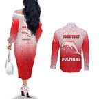 Personalized Dolphins Couples Matching Off The Shoulder Long Sleeve Dress and Long Sleeve Button Shirt Easter Mascot - Colorful Eggs Cartoon Style