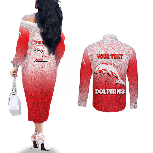 Personalized Dolphins Couples Matching Off The Shoulder Long Sleeve Dress and Long Sleeve Button Shirt Easter Mascot - Colorful Eggs Cartoon Style