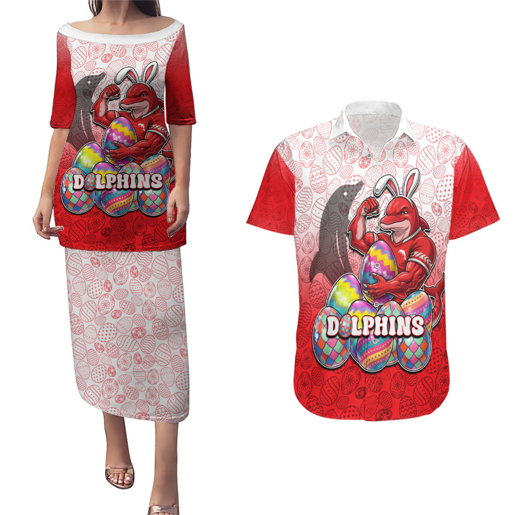 Personalized Dolphins Couples Matching Puletasi and Hawaiian Shirt Easter Mascot - Colorful Eggs Cartoon Style