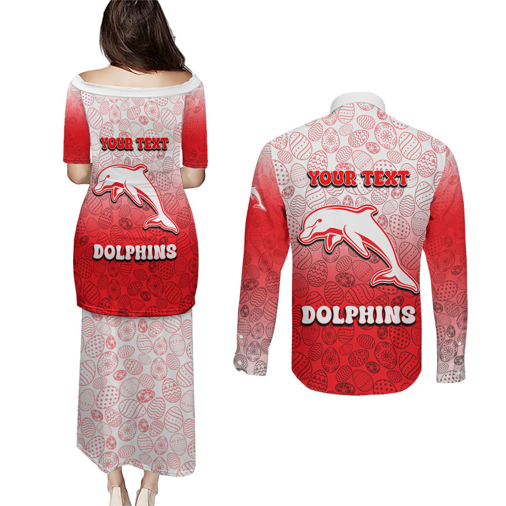 Personalized Dolphins Couples Matching Puletasi and Long Sleeve Button Shirt Easter Mascot - Colorful Eggs Cartoon Style