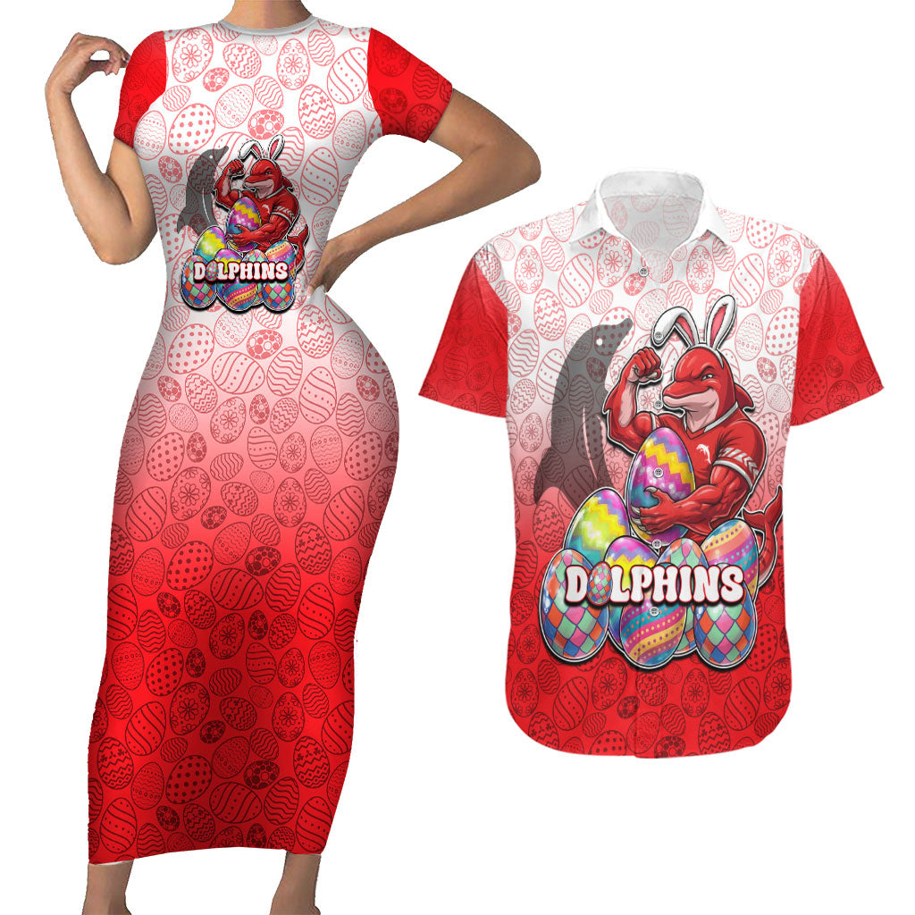 Personalized Dolphins Couples Matching Short Sleeve Bodycon Dress and Hawaiian Shirt Easter Mascot - Colorful Eggs Cartoon Style
