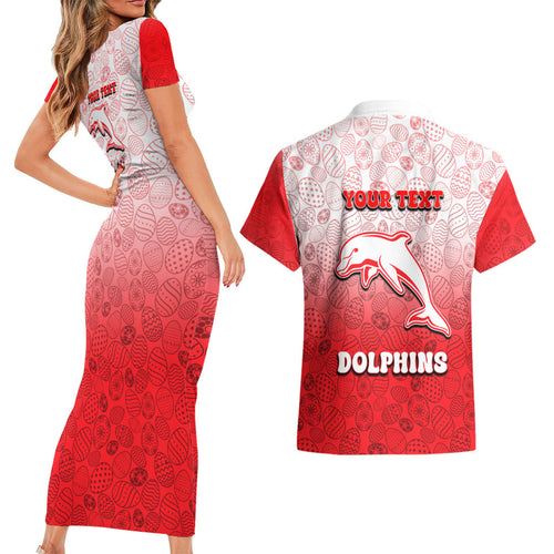 Personalized Dolphins Couples Matching Short Sleeve Bodycon Dress and Hawaiian Shirt Easter Mascot - Colorful Eggs Cartoon Style