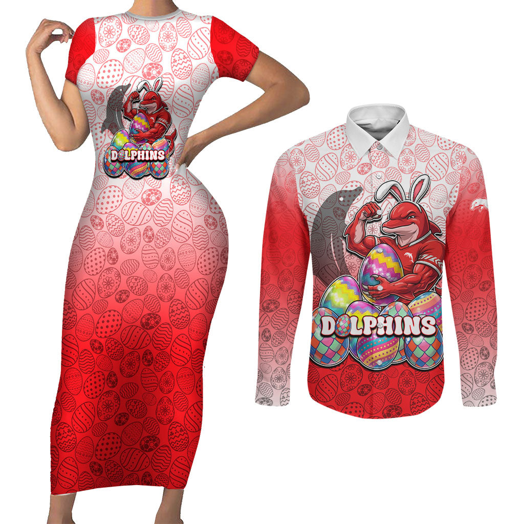 Personalized Dolphins Couples Matching Short Sleeve Bodycon Dress and Long Sleeve Button Shirt Easter Mascot - Colorful Eggs Cartoon Style