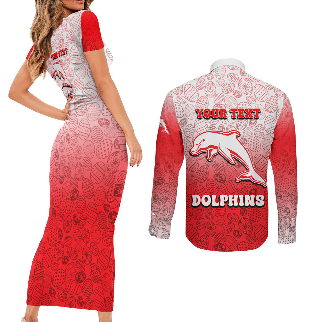 Personalized Dolphins Couples Matching Short Sleeve Bodycon Dress and Long Sleeve Button Shirt Easter Mascot - Colorful Eggs Cartoon Style
