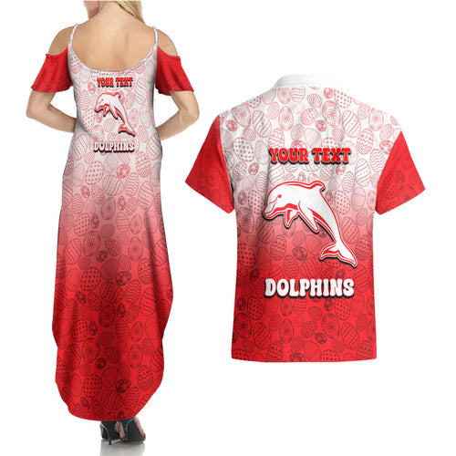 Personalized Dolphins Couples Matching Summer Maxi Dress and Hawaiian Shirt Easter Mascot - Colorful Eggs Cartoon Style