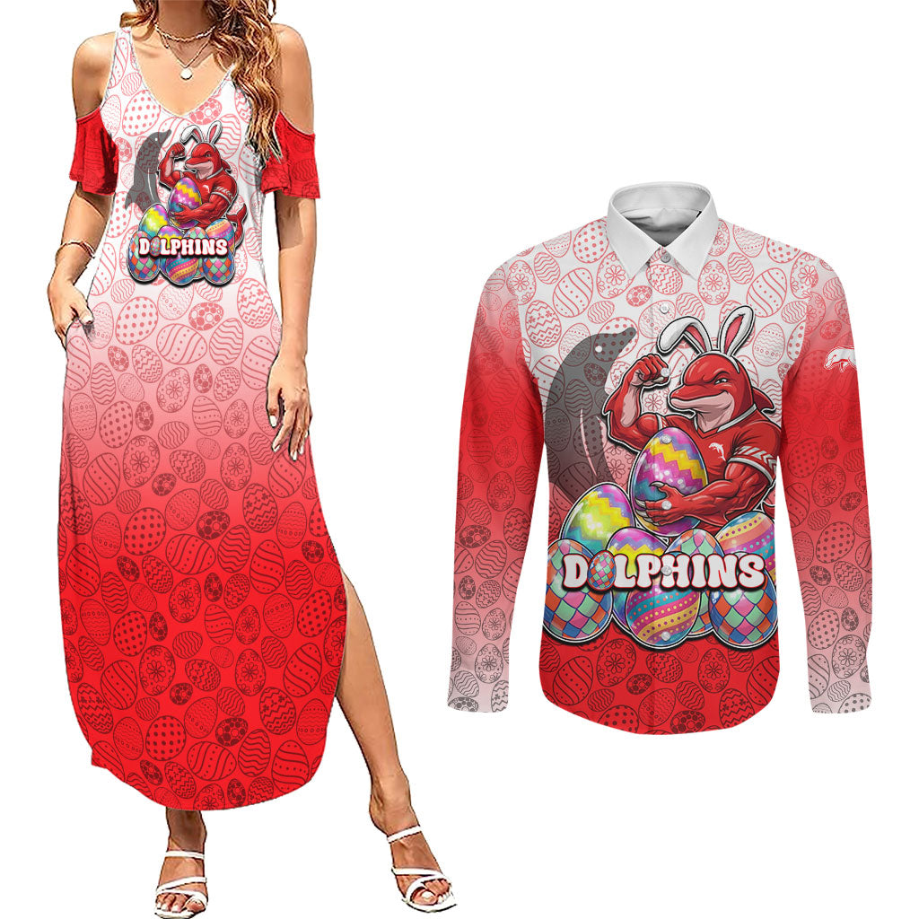 Personalized Dolphins Couples Matching Summer Maxi Dress and Long Sleeve Button Shirt Easter Mascot - Colorful Eggs Cartoon Style