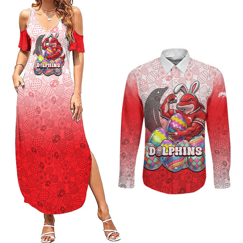 Personalized Dolphins Couples Matching Summer Maxi Dress and Long Sleeve Button Shirt Easter Mascot - Colorful Eggs Cartoon Style
