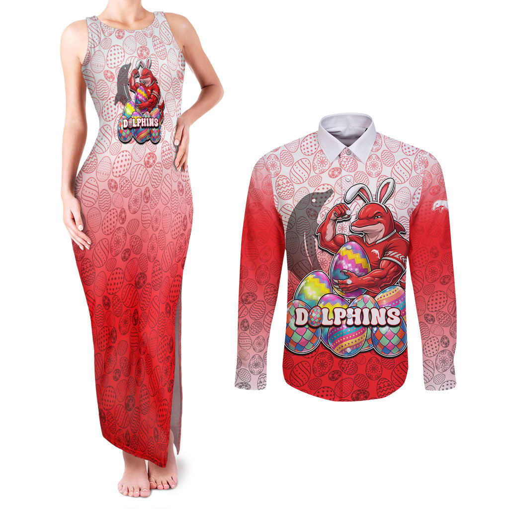 Personalized Dolphins Couples Matching Tank Maxi Dress and Long Sleeve Button Shirt Easter Mascot - Colorful Eggs Cartoon Style