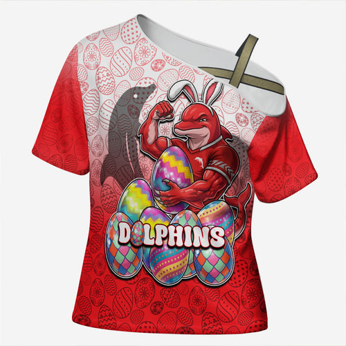 Personalized Dolphins Cross Shoulder Shirt Easter Mascot - Colorful Eggs Cartoon Style