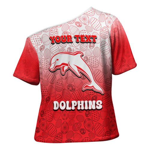 Personalized Dolphins Cross Shoulder Shirt Easter Mascot - Colorful Eggs Cartoon Style