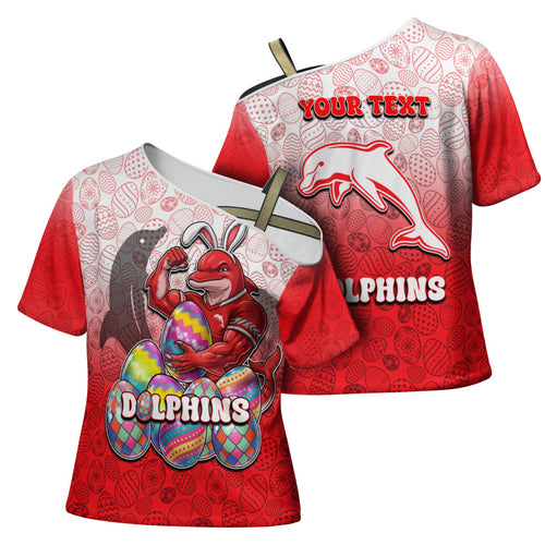 Personalized Dolphins Cross Shoulder Shirt Easter Mascot - Colorful Eggs Cartoon Style