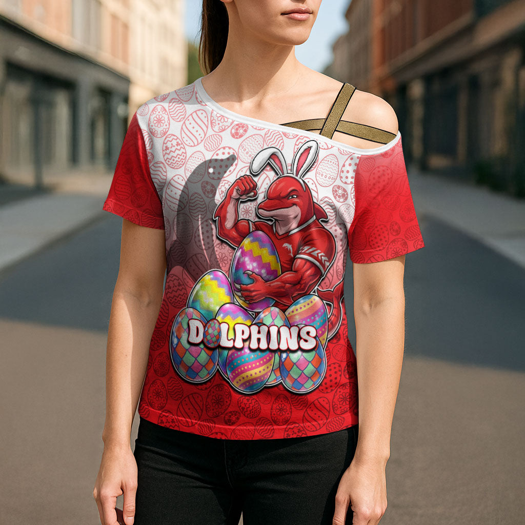 Personalized Dolphins Cross Shoulder Shirt Easter Mascot - Colorful Eggs Cartoon Style