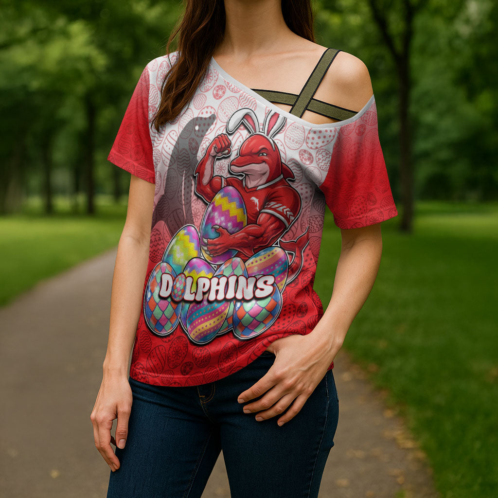 Personalized Dolphins Cross Shoulder Shirt Easter Mascot - Colorful Eggs Cartoon Style