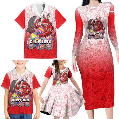 Personalized Dolphins Family Matching Long Sleeve Bodycon Dress and Hawaiian Shirt Easter Mascot - Colorful Eggs Cartoon Style