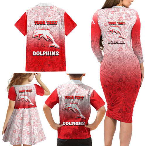 Personalized Dolphins Family Matching Long Sleeve Bodycon Dress and Hawaiian Shirt Easter Mascot - Colorful Eggs Cartoon Style