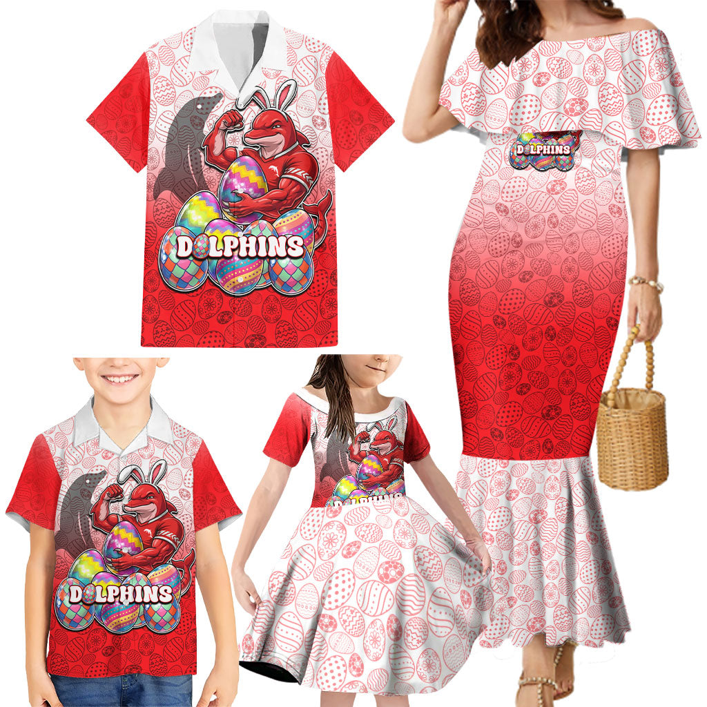 Personalized Dolphins Family Matching Mermaid Dress and Hawaiian Shirt Easter Mascot - Colorful Eggs Cartoon Style