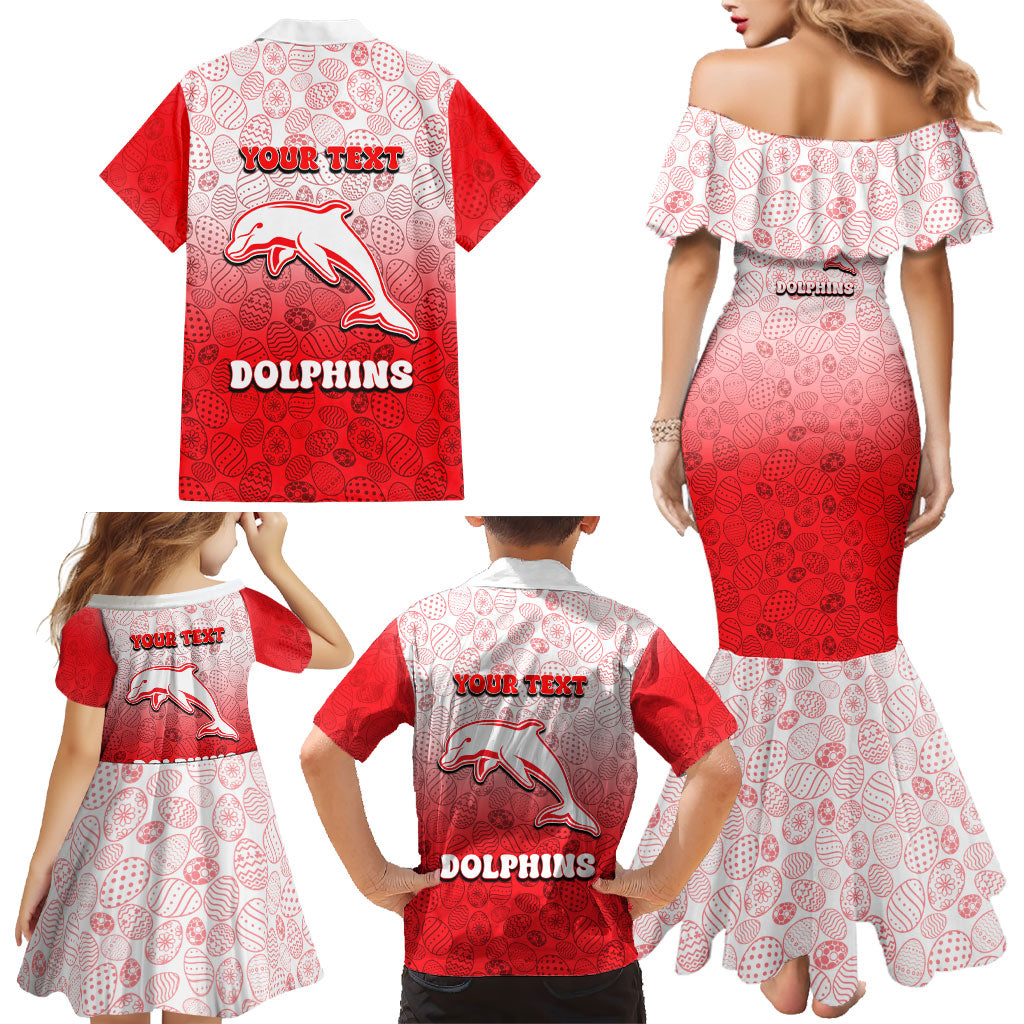 Personalized Dolphins Family Matching Mermaid Dress and Hawaiian Shirt Easter Mascot - Colorful Eggs Cartoon Style