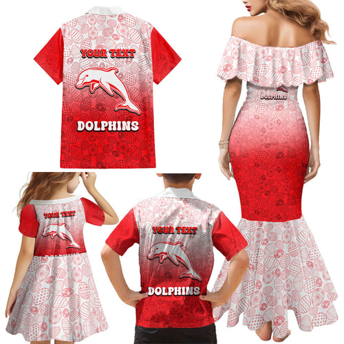 Personalized Dolphins Family Matching Mermaid Dress and Hawaiian Shirt Easter Mascot - Colorful Eggs Cartoon Style
