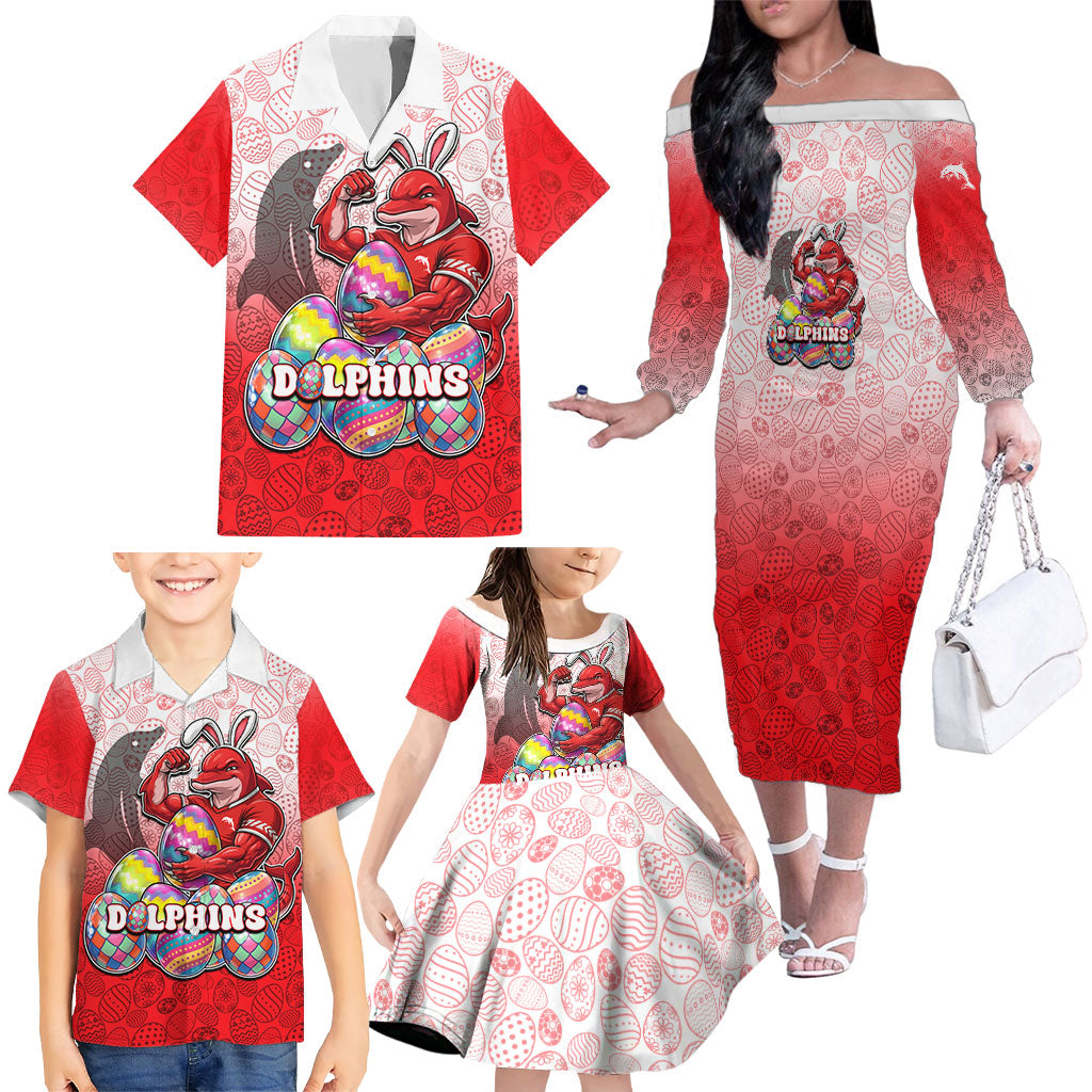 Personalized Dolphins Family Matching Off The Shoulder Long Sleeve Dress and Hawaiian Shirt Easter Mascot - Colorful Eggs Cartoon Style
