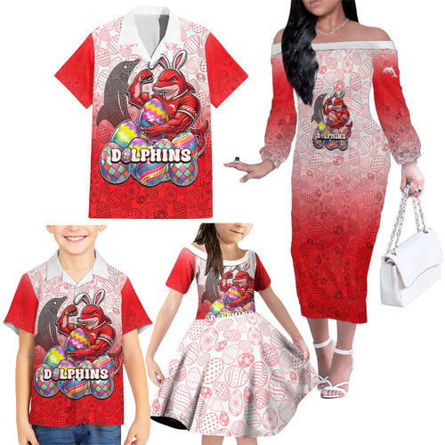 Personalized Dolphins Family Matching Off The Shoulder Long Sleeve Dress and Hawaiian Shirt Easter Mascot - Colorful Eggs Cartoon Style