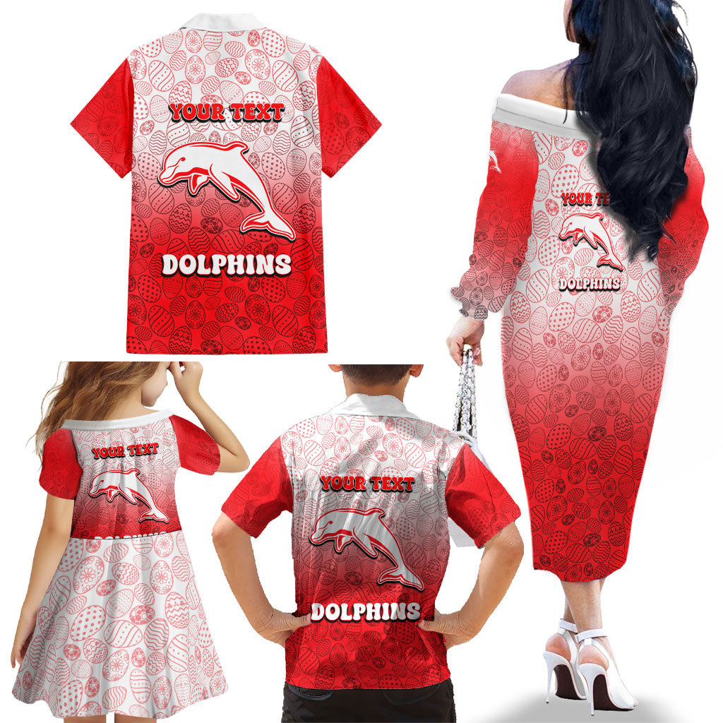 Personalized Dolphins Family Matching Off The Shoulder Long Sleeve Dress and Hawaiian Shirt Easter Mascot - Colorful Eggs Cartoon Style