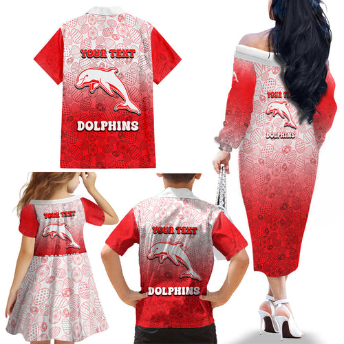 Personalized Dolphins Family Matching Off The Shoulder Long Sleeve Dress and Hawaiian Shirt Easter Mascot - Colorful Eggs Cartoon Style