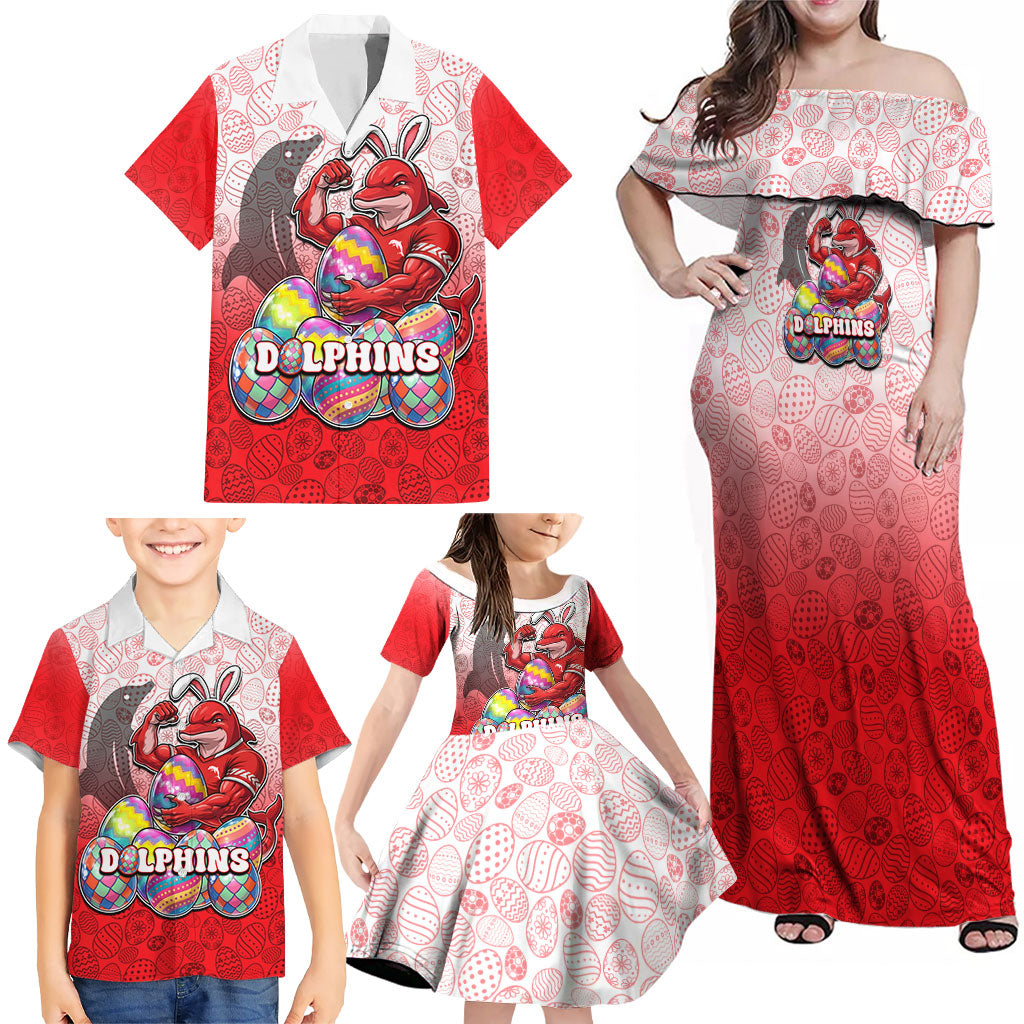 Personalized Dolphins Family Matching Off Shoulder Maxi Dress and Hawaiian Shirt Easter Mascot - Colorful Eggs Cartoon Style