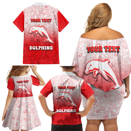 Personalized Dolphins Family Matching Off Shoulder Short Dress and Hawaiian Shirt Easter Mascot - Colorful Eggs Cartoon Style