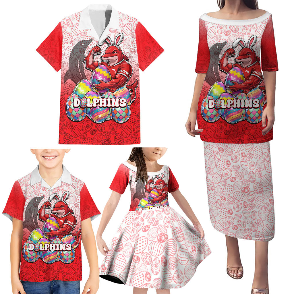 Personalized Dolphins Family Matching Puletasi and Hawaiian Shirt Easter Mascot - Colorful Eggs Cartoon Style