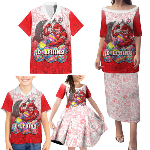 Personalized Dolphins Family Matching Puletasi and Hawaiian Shirt Easter Mascot - Colorful Eggs Cartoon Style