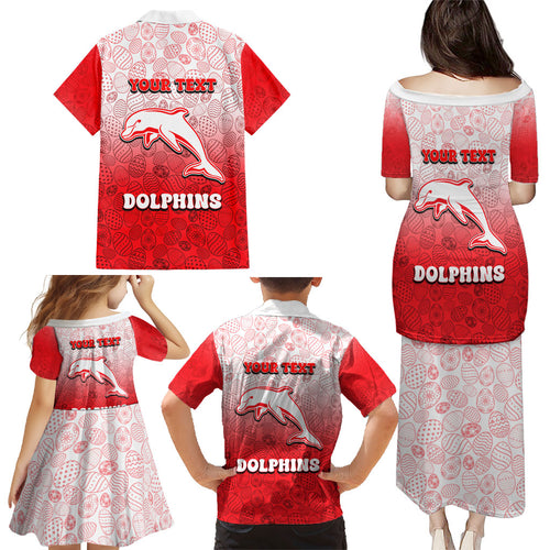 Personalized Dolphins Family Matching Puletasi and Hawaiian Shirt Easter Mascot - Colorful Eggs Cartoon Style