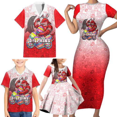 Personalized Dolphins Family Matching Short Sleeve Bodycon Dress and Hawaiian Shirt Easter Mascot - Colorful Eggs Cartoon Style