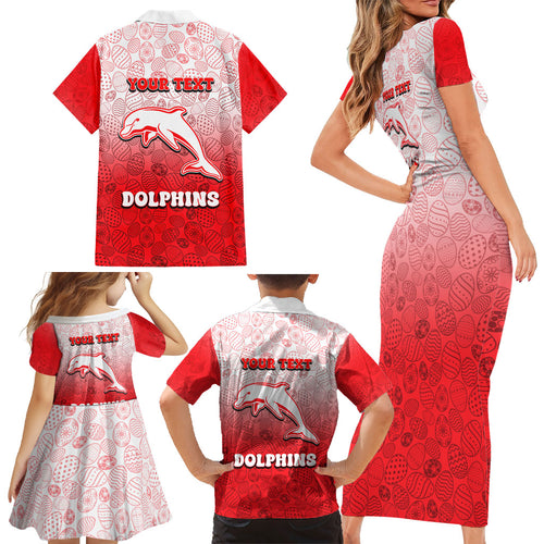 Personalized Dolphins Family Matching Short Sleeve Bodycon Dress and Hawaiian Shirt Easter Mascot - Colorful Eggs Cartoon Style