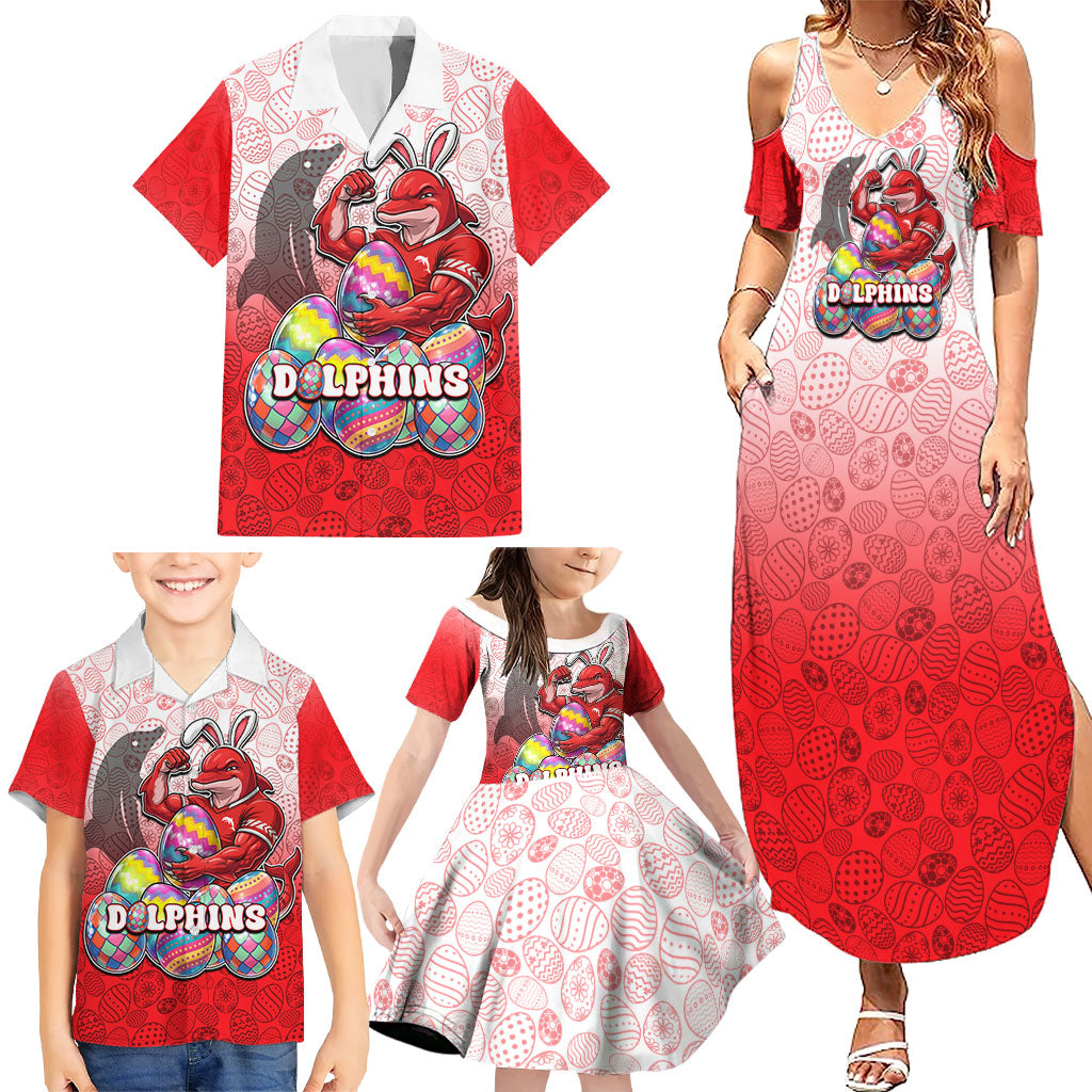 Personalized Dolphins Family Matching Summer Maxi Dress and Hawaiian Shirt Easter Mascot - Colorful Eggs Cartoon Style