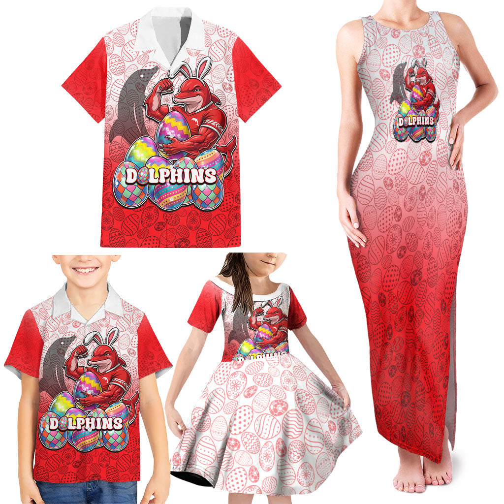 Personalized Dolphins Family Matching Tank Maxi Dress and Hawaiian Shirt Easter Mascot - Colorful Eggs Cartoon Style
