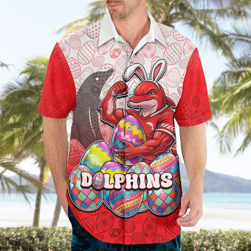 Personalized Dolphins Hawaiian Shirt Easter Mascot - Colorful Eggs Cartoon Style