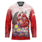 Personalized Dolphins Hockey Jersey Easter Mascot - Colorful Eggs Cartoon Style