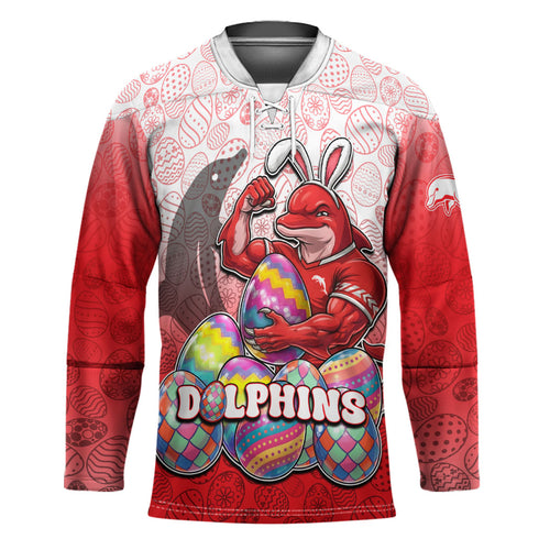Personalized Dolphins Hockey Jersey Easter Mascot - Colorful Eggs Cartoon Style