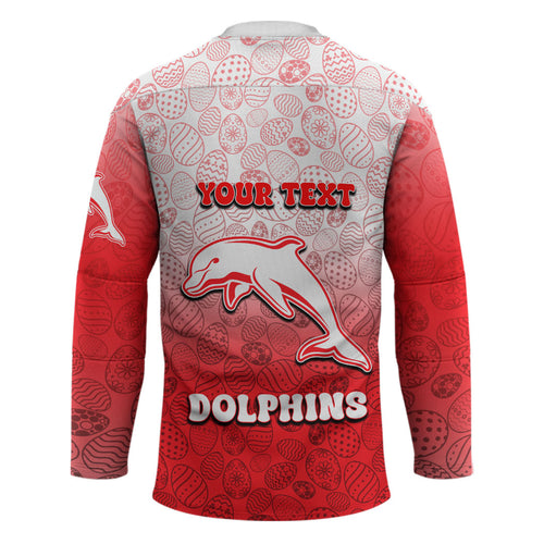 Personalized Dolphins Hockey Jersey Easter Mascot - Colorful Eggs Cartoon Style