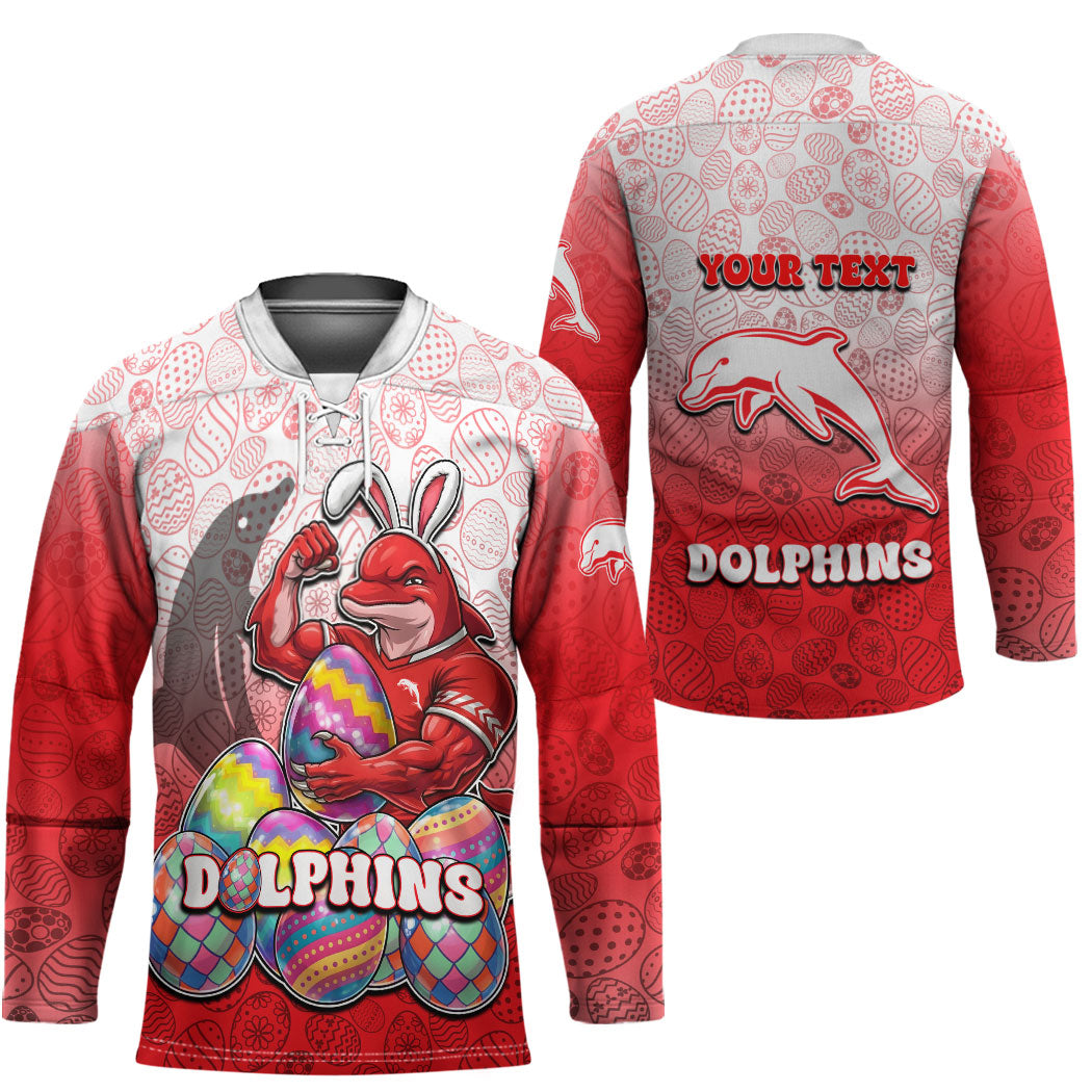 Personalized Dolphins Hockey Jersey Easter Mascot - Colorful Eggs Cartoon Style