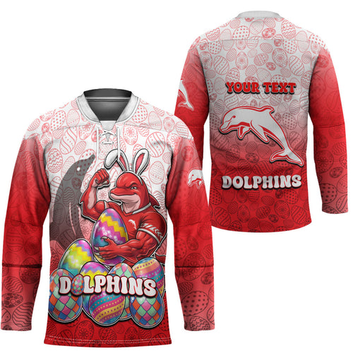 Personalized Dolphins Hockey Jersey Easter Mascot - Colorful Eggs Cartoon Style