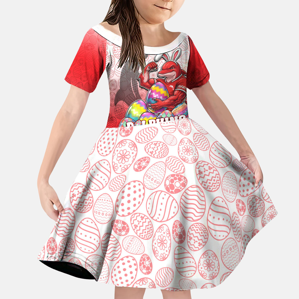 Personalized Dolphins Kid Short Sleeve Dress Easter Mascot - Colorful Eggs Cartoon Style