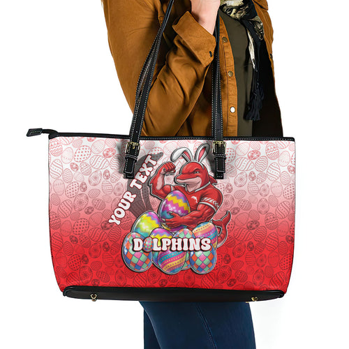 Personalized Dolphins Leather Tote Bag Easter Mascot - Colorful Eggs Cartoon Style