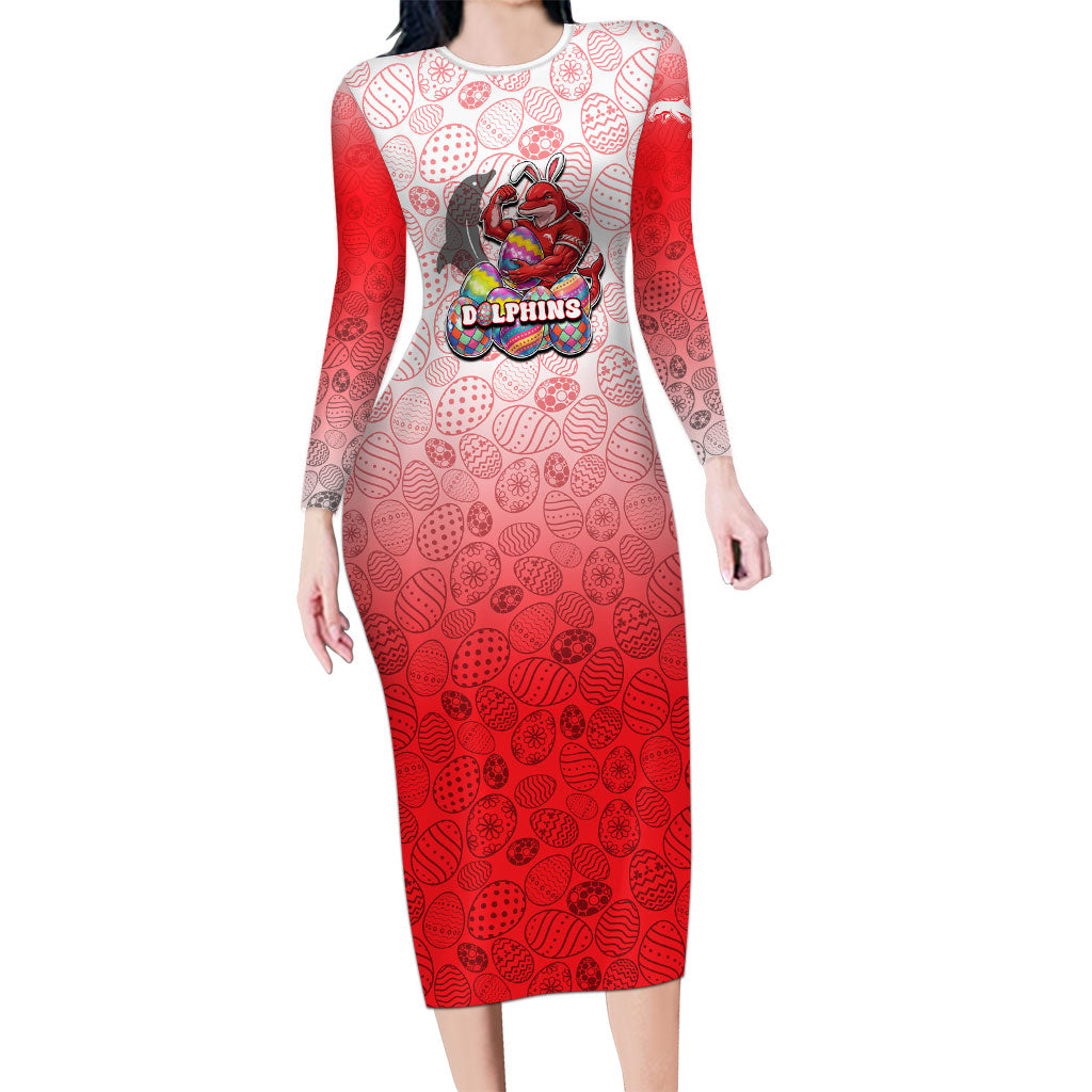 Personalized Dolphins Long Sleeve Bodycon Dress Easter Mascot - Colorful Eggs Cartoon Style