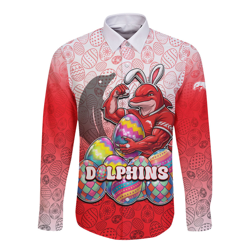 Personalized Dolphins Long Sleeve Button Shirt Easter Mascot - Colorful Eggs Cartoon Style