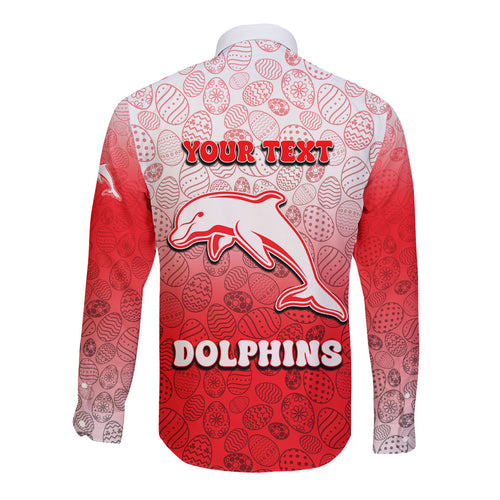 Personalized Dolphins Long Sleeve Button Shirt Easter Mascot - Colorful Eggs Cartoon Style